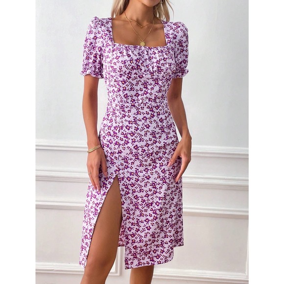 preppy Floral Print Puff Sleeve Split Thigh mini Dress - Picture 2 of 11